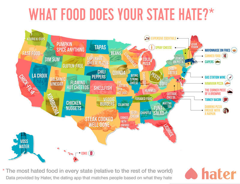 Illustration for article titled This map of each state’s most-hated food is equal parts amusing, suspect, and cheese